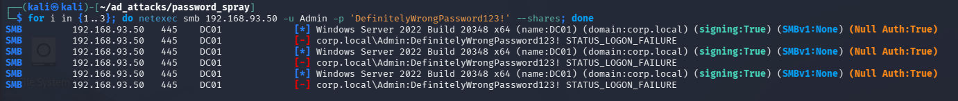Kali terminal showing failed Kerberos auth attempts