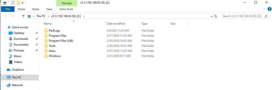 Windows Explorer showing mapped C$ drive to DC