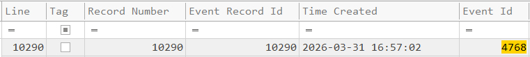 Timeline Explorer — 4768 event timestamp 2026-03-31 16:57:02