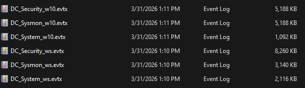 Six evtx files downloaded from both machines