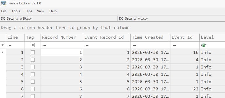 Timeline Explorer loaded with both Security CSVs