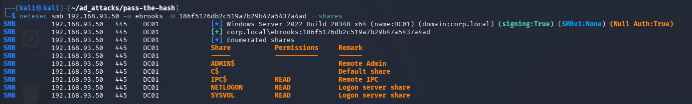 Netexec Pass-the-Hash authentication success against the DC