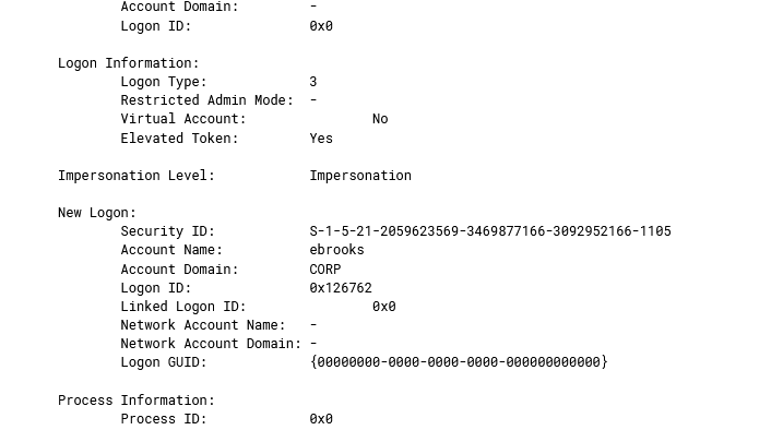 Windows Event Log: Logon Type 3, account ebrooks, CORP domain