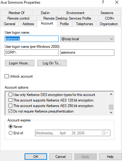 Setting Do not require Kerberos preauthentication on asimmons