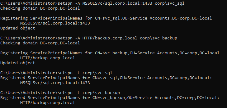 Registering SPNs for Kerberoastable service accounts
