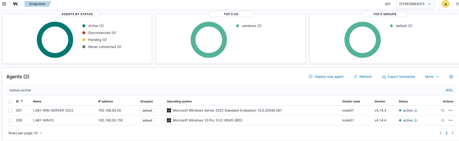 Wazuh dashboard showing both agents active
