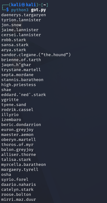 Python script got.py output showing a list of character names in first.last format