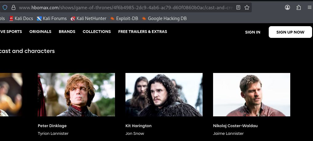 HBO Max Game of Thrones cast page showing actor and character names