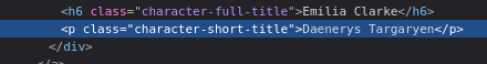 HTML source showing character-full-title class for actor name and character-short-title class for character name