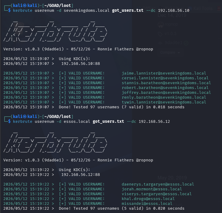 Kerbrute userenum output showing two runs, one against sevenkingdoms.local and one against essos.local, both testing 97 usernames and returning valid accounts highlighted in green