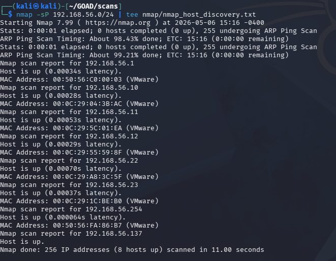 nmap host discovery output showing 8 hosts up on 192.168.56.0/24