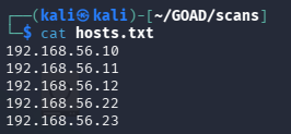 hosts.txt file containing the five GOAD VM IP addresses
