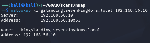 nslookup confirming kingslanding.sevenkingdoms.local resolves to 192.168.56.10