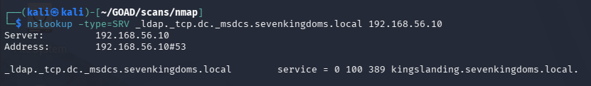 nslookup SRV query against 192.168.56.10 returning kingslanding.sevenkingdoms.local