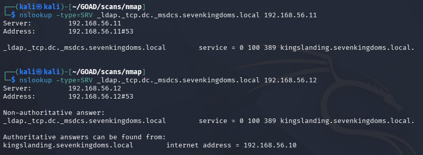 nslookup SRV query against 192.168.56.11 and 192.168.56.12 both returning kingslanding