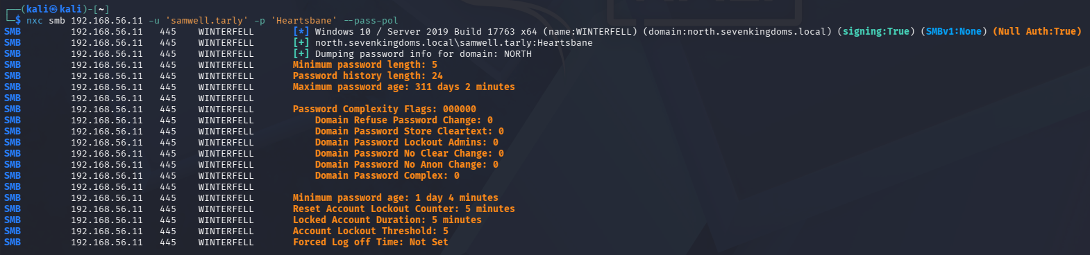 nxc pass-pol output against WINTERFELL showing lockout threshold of 5 attempts and lockout duration of 5 minutes