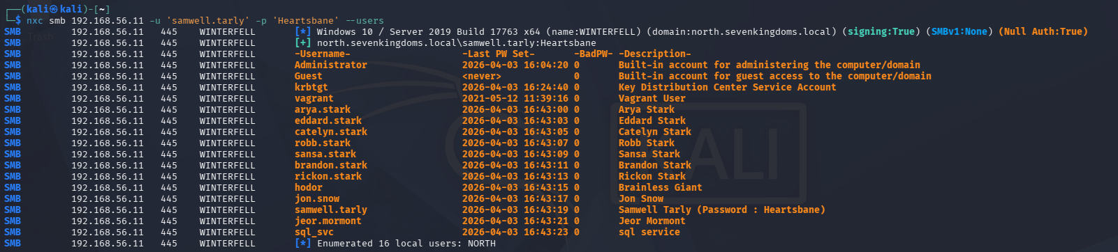 nxc smb authenticated output against WINTERFELL returning a larger user list including eddard.stark, catelyn.stark, robb.stark, and others