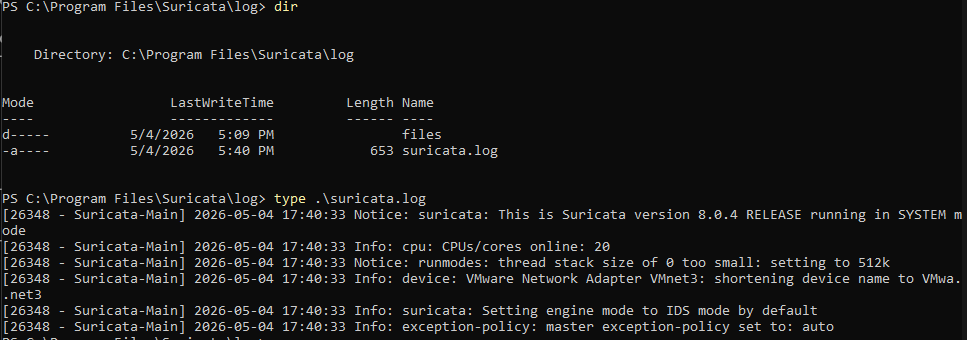 Suricata logs showing live traffic capture from vmnet3